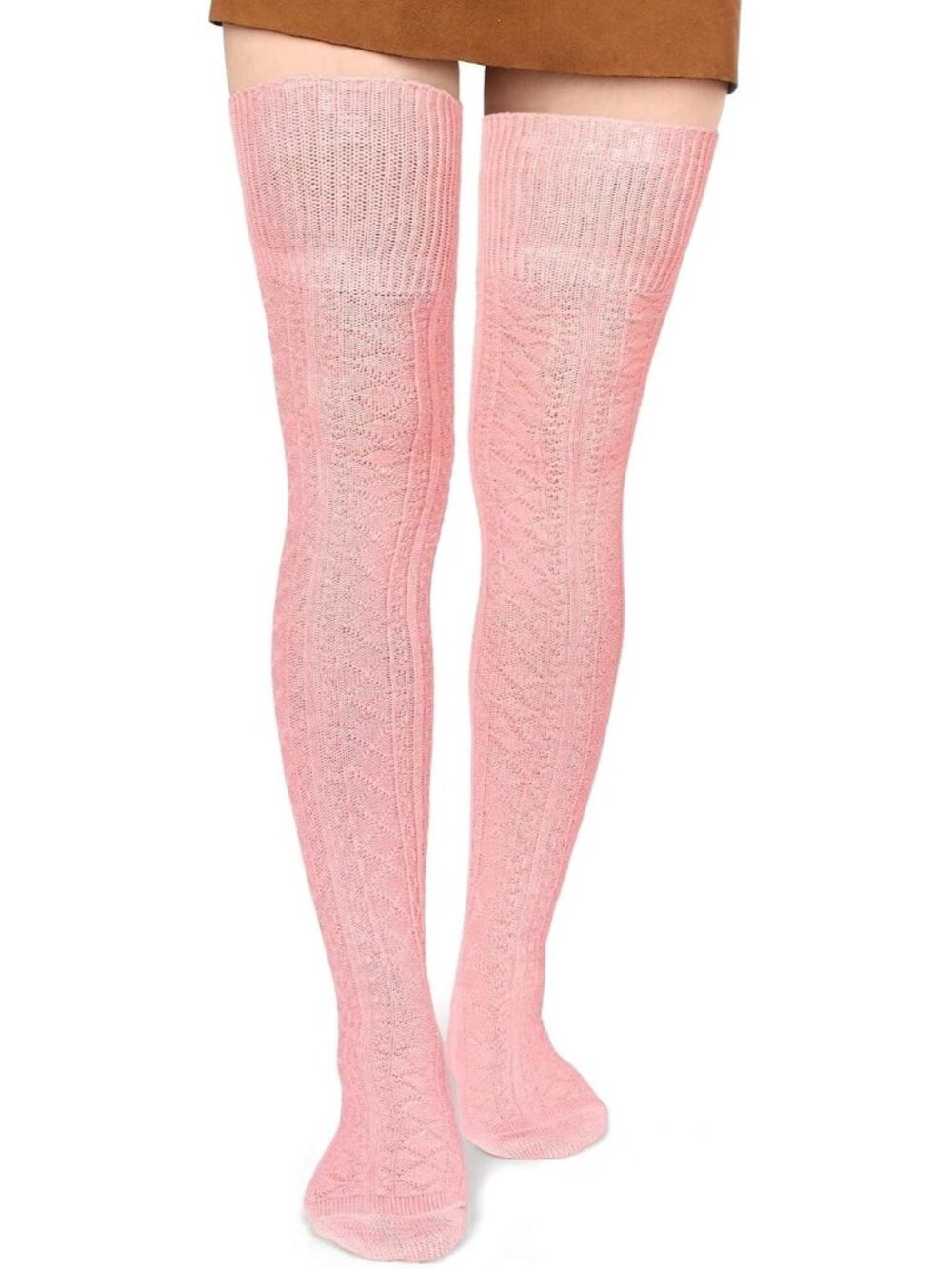 Women's Baby Pink Cotton Knit Stocking Over The Knee Thigh High Socks Boots